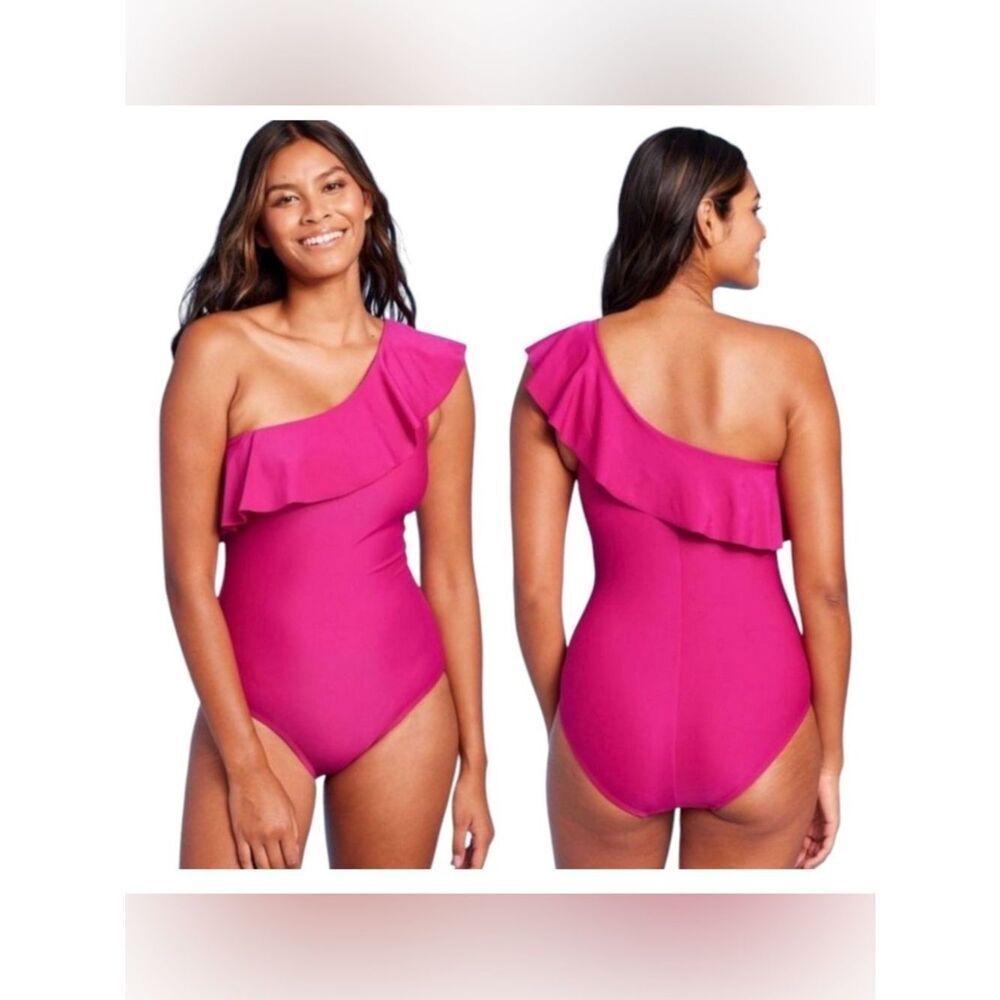 Kona Sol Ruffle Shoulder Ruched High Coverage One Piece Swimsuit NEW Pink 16